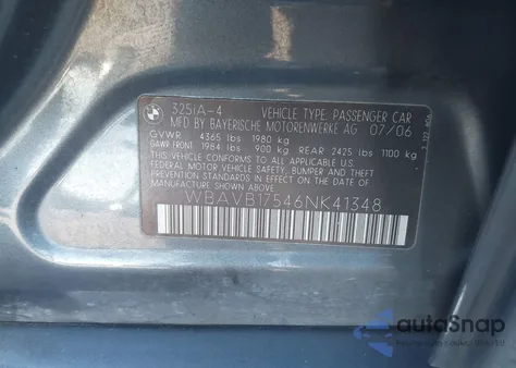 2006 BMW 325I z USA, uszkodzony, nr VIN WBAVB17546NK41348